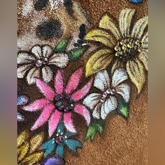 Berman Buckskin vintage long fringe suede vest handpainted cheetah flowers sz SM - Picture 7 of 16